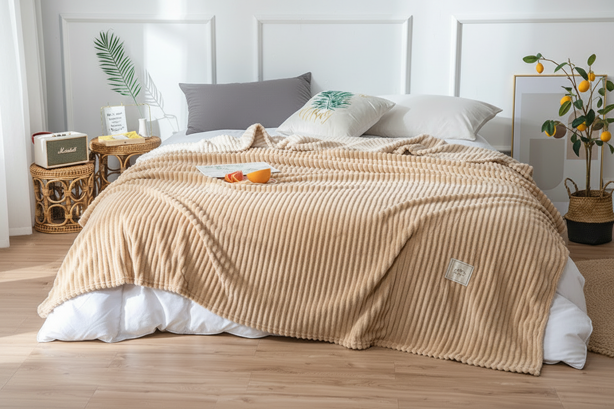 Plaid Nuage Luvoria Kaki — lit blanc