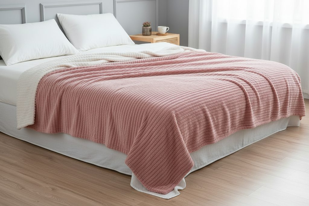 Plaid Nuage Luvoria Rose — lit blanc