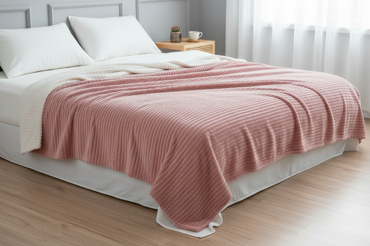 Plaid Nuage Luvoria Rose — lit blanc