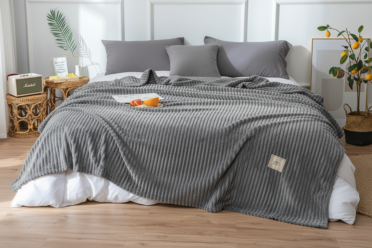 Plaid Nuage Luvoria Gris — lit blanc
