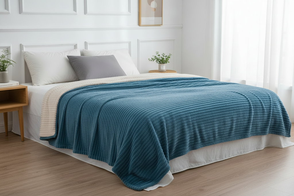 Plaid Nuage Luvoria Bleu — lit blanc