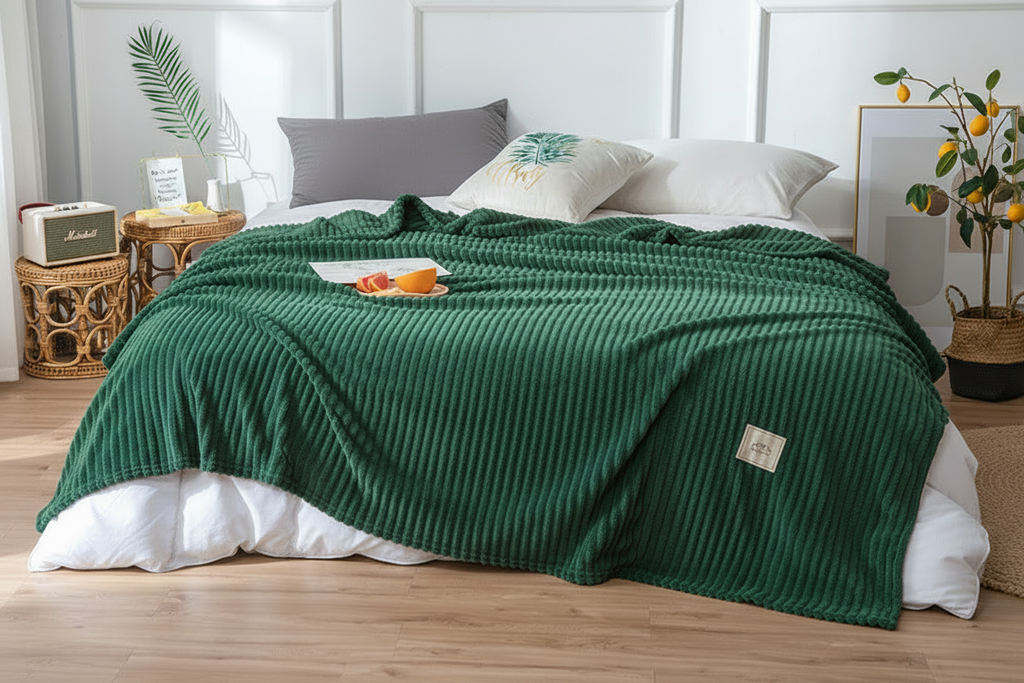 Plaid Nuage Luvoria Vert — lit blanc