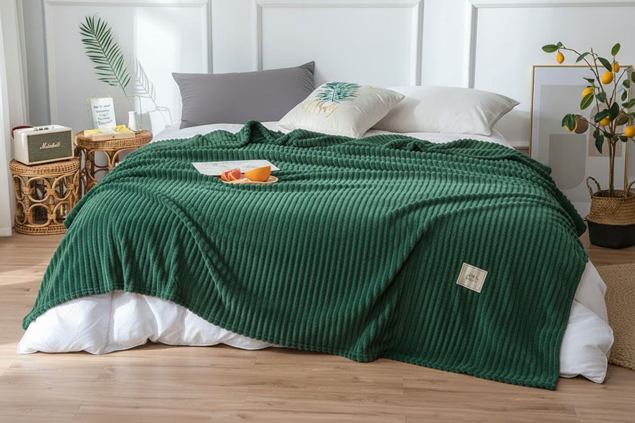 Plaid Nuage Luvoria Vert — lit blanc
